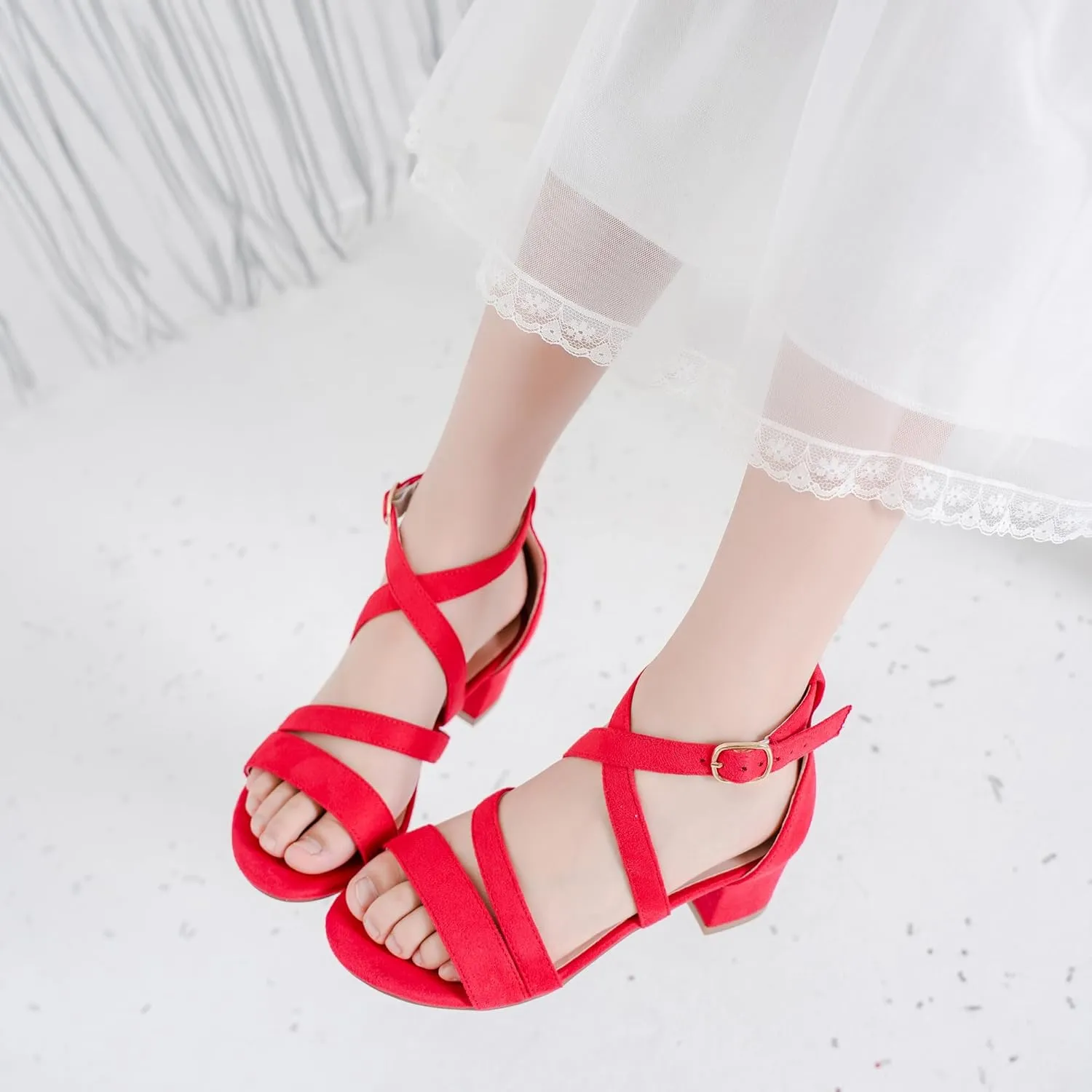 Girls Sandals Chunky High Heel Strappy Open Toe Ankle Strap Dress Shoes for Little Big Kids in Wedding Party