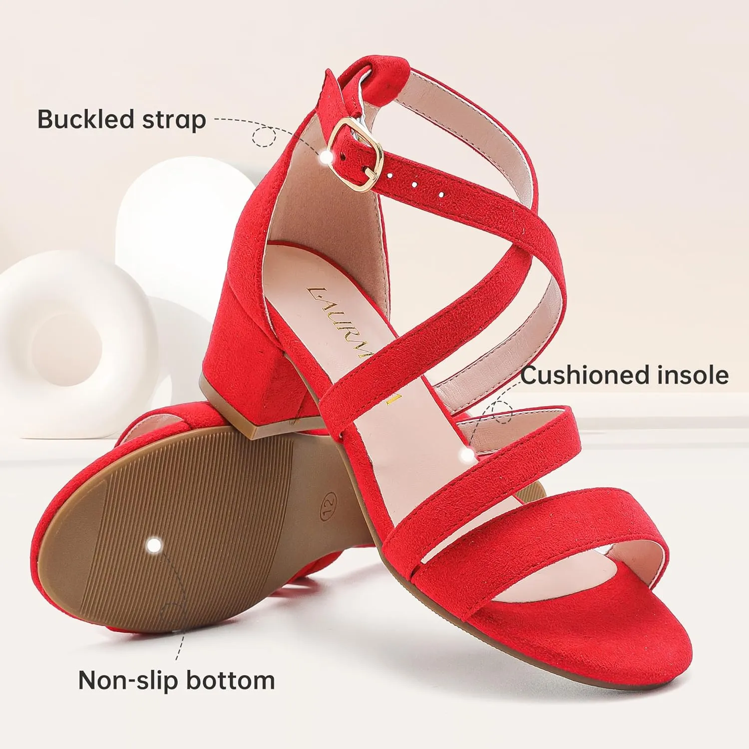 Girls Sandals Chunky High Heel Strappy Open Toe Ankle Strap Dress Shoes for Little Big Kids in Wedding Party