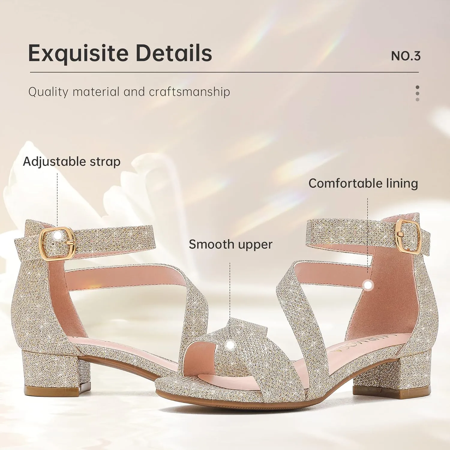 Girls Sandals Kids Heels Open Toe Ankle Strap Dress Shoes Flower Wedding Party for Toddler Little Big Kid