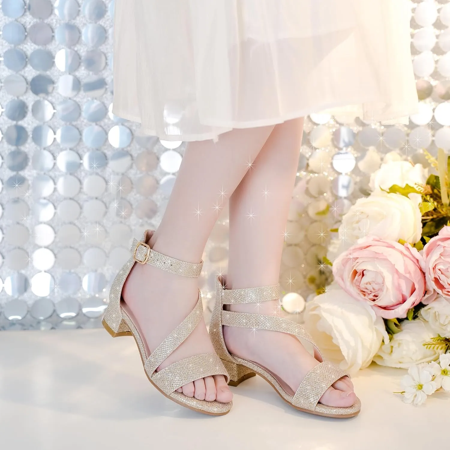 Girls Sandals Kids Heels Open Toe Ankle Strap Dress Shoes Flower Wedding Party for Toddler Little Big Kid