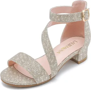 Girls Sandals Kids Heels Open Toe Ankle Strap Dress Shoes Flower Wedding Party for Toddler Little Big Kid
