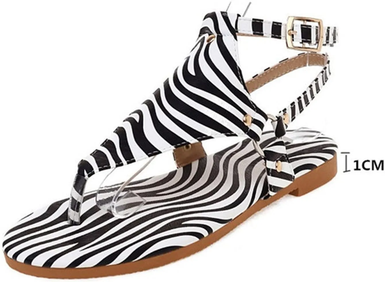Gladiator Flat Sandal for Women Fashion Snakeskin Print Thong Strap Buckle Clip Toe Studded Roman Shoes Summer Comfortable Casual Beach Shoes