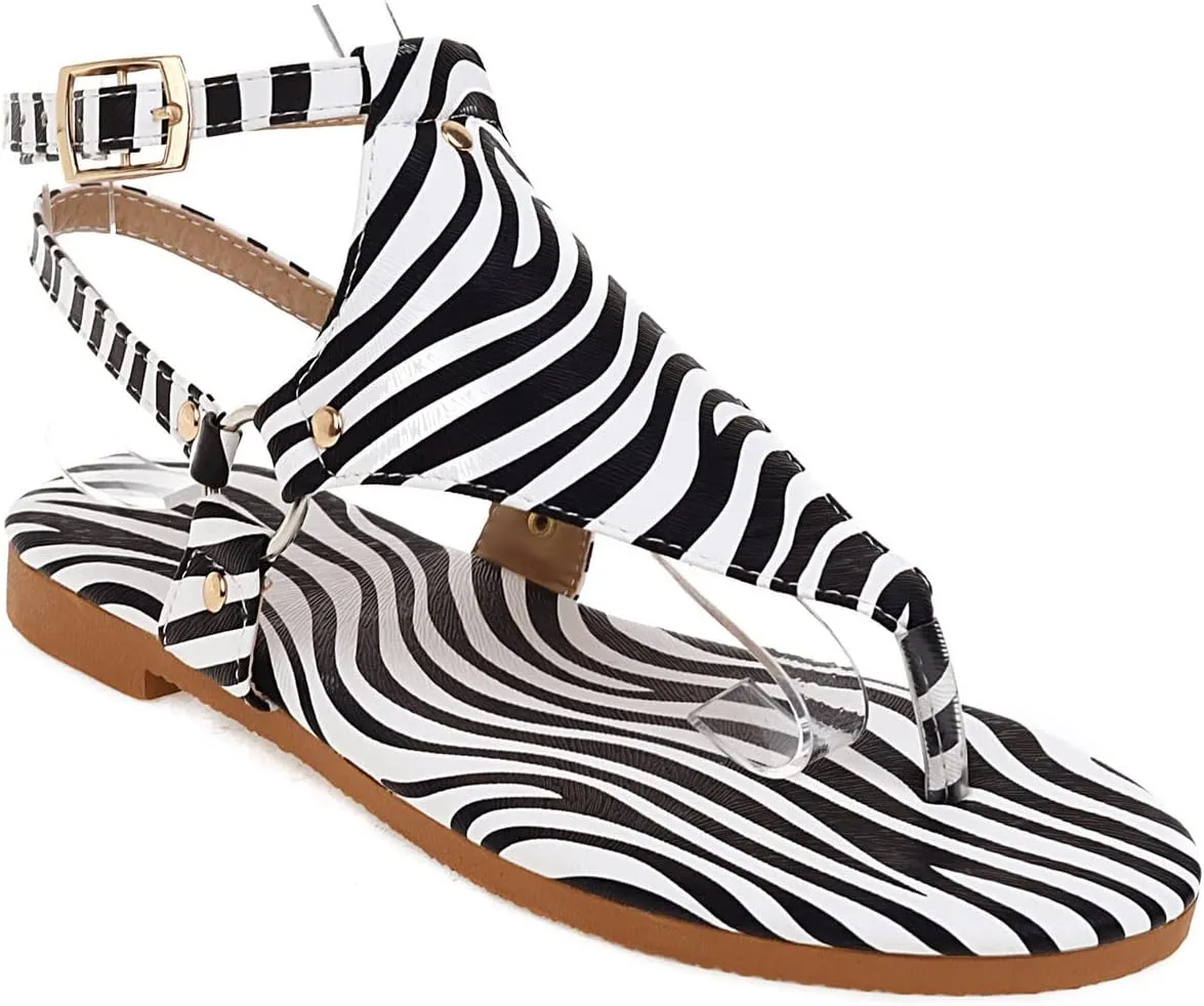 Gladiator Flat Sandal for Women Fashion Snakeskin Print Thong Strap Buckle Clip Toe Studded Roman Shoes Summer Comfortable Casual Beach Shoes