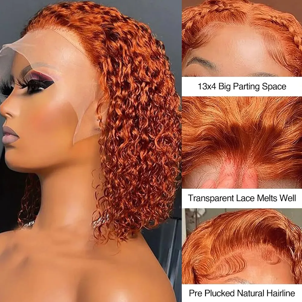 GOLFMAX Ginger Water Wave Bob Wig Human Hair Transparent HD 13x4 Lace Front Human Hair Wig 8 Inch Short Bob Wig Glueless Wigs Human Hair Pre Plucked With Baby Hair