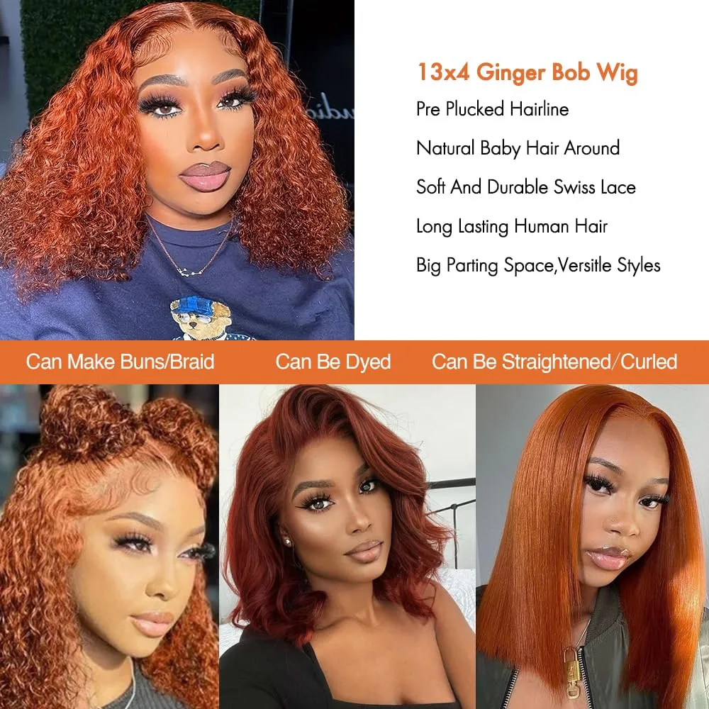 GOLFMAX Ginger Water Wave Bob Wig Human Hair Transparent HD 13x4 Lace Front Human Hair Wig 8 Inch Short Bob Wig Glueless Wigs Human Hair Pre Plucked With Baby Hair