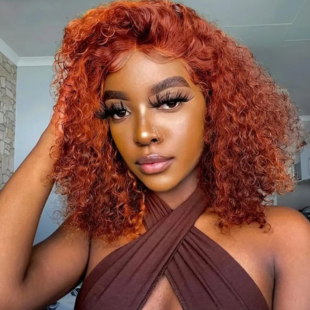 GOLFMAX Ginger Water Wave Bob Wig Human Hair Transparent HD 13x4 Lace Front Human Hair Wig 8 Inch Short Bob Wig Glueless Wigs Human Hair Pre Plucked With Baby Hair