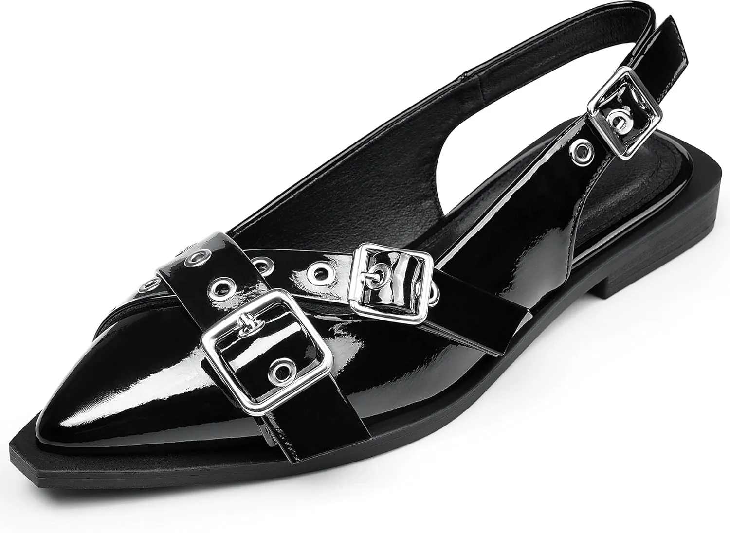 Greatonu Women's Slingback Flats Buckle Pointed Closed Toe Flat Shoes Comfortable Low Block Heel Mary Jane Casual Party Dressy Shoes