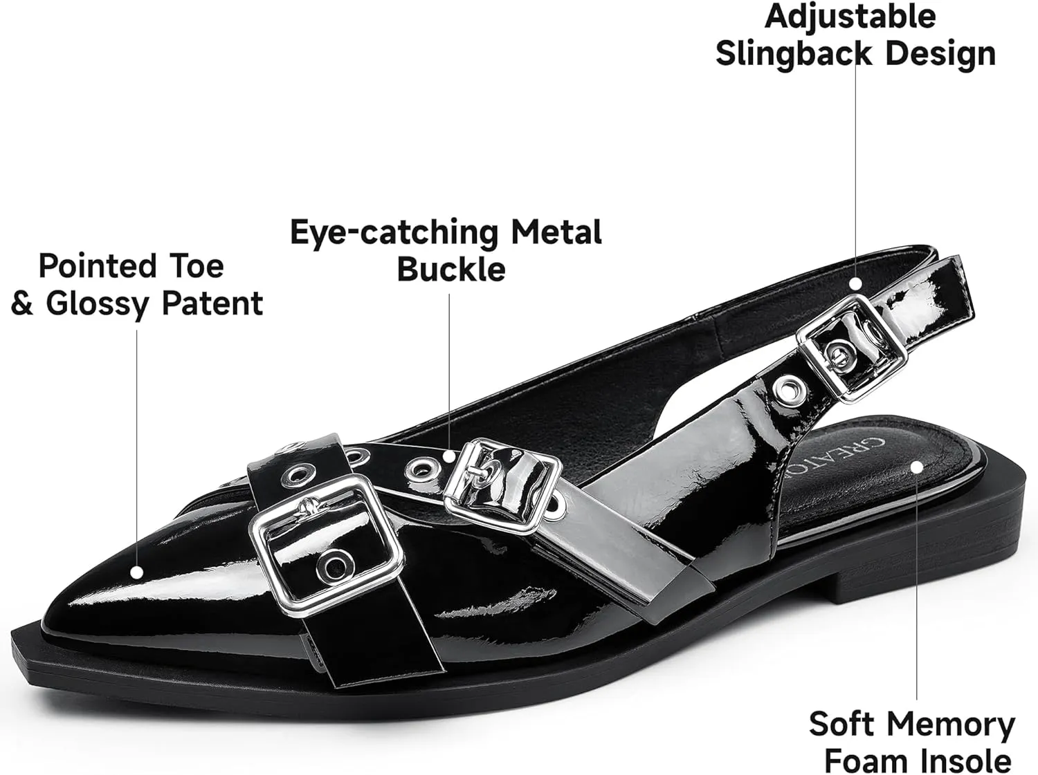 Greatonu Women's Slingback Flats Buckle Pointed Closed Toe Flat Shoes Comfortable Low Block Heel Mary Jane Casual Party Dressy Shoes