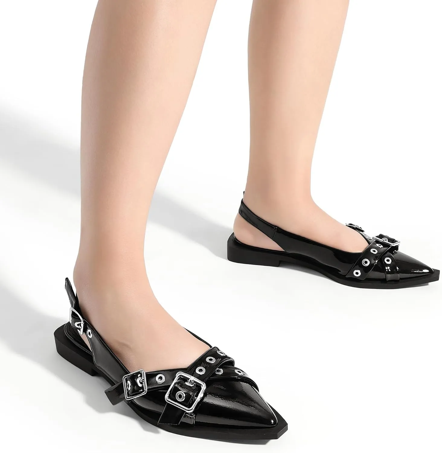 Greatonu Women's Slingback Flats Buckle Pointed Closed Toe Flat Shoes Comfortable Low Block Heel Mary Jane Casual Party Dressy Shoes