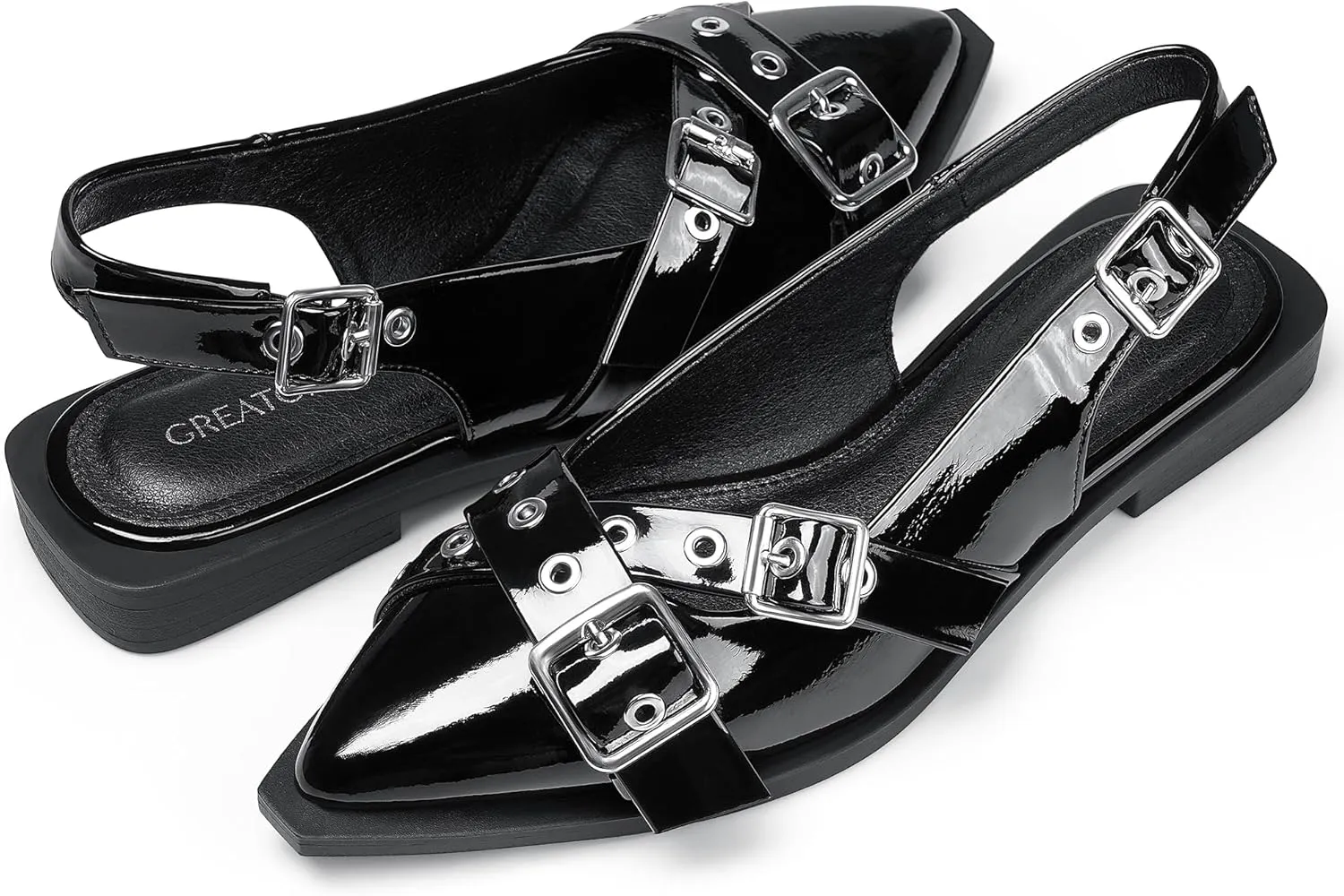 Greatonu Women's Slingback Flats Buckle Pointed Closed Toe Flat Shoes Comfortable Low Block Heel Mary Jane Casual Party Dressy Shoes