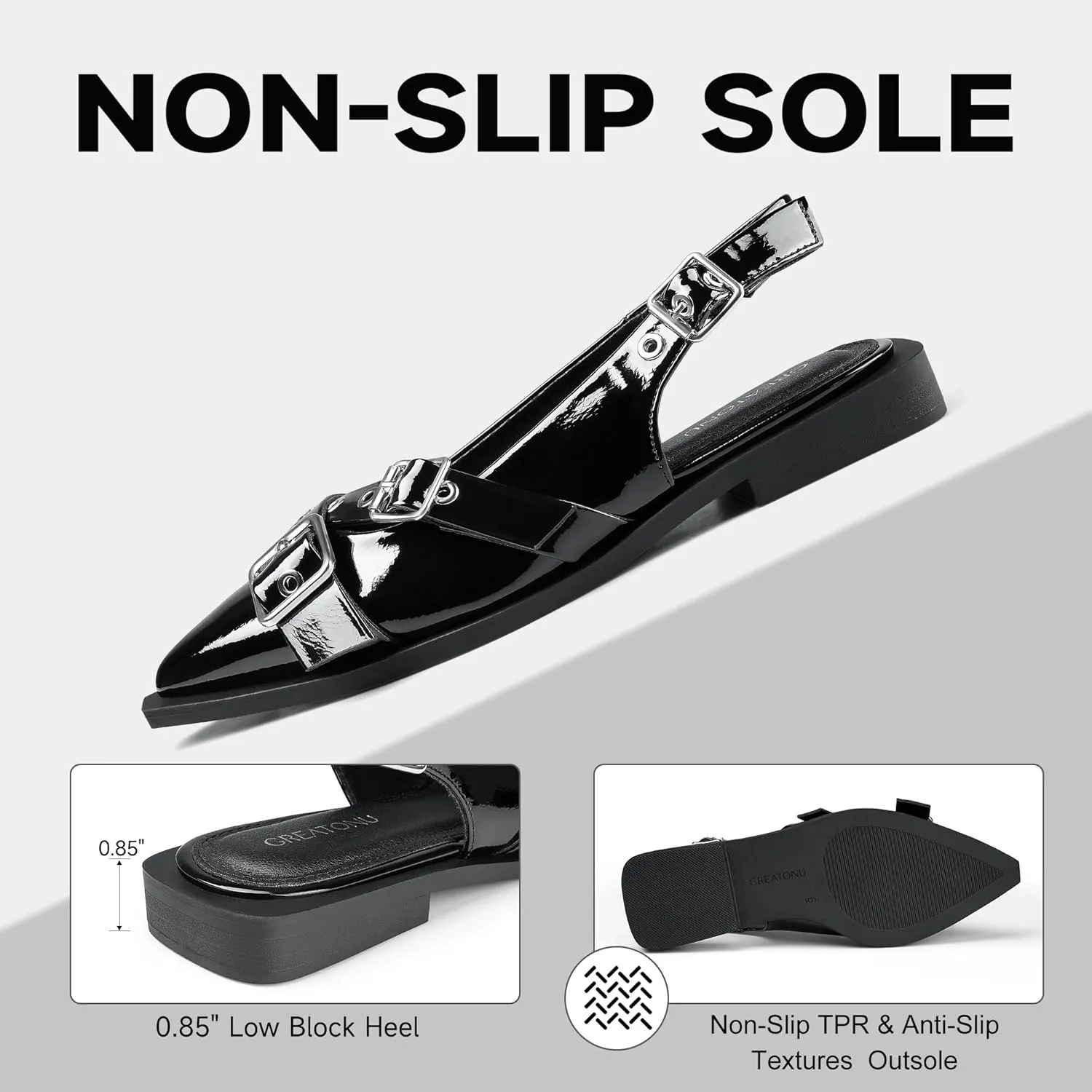 Greatonu Women's Slingback Flats Buckle Pointed Closed Toe Flat Shoes Comfortable Low Block Heel Mary Jane Casual Party Dressy Shoes
