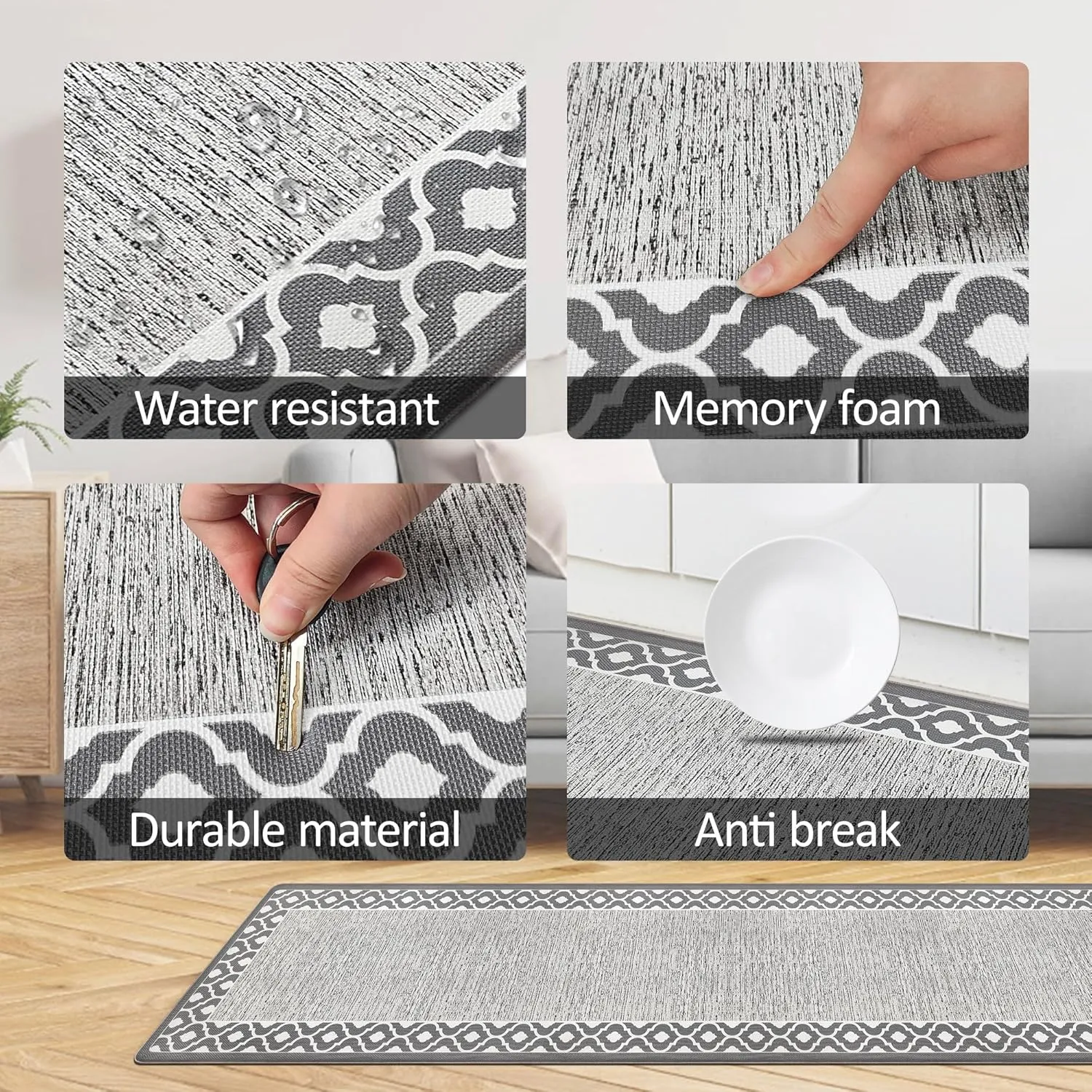 Grey Cushioned Kitchen Mat Anti Fatigue Kitchen Rugs, Heavy Duty Non-Skid, Ergonomic Comfort Foam Kitchen Floor Mat for Home, Office, Sink, Laundry - Gray 17.3"x59"