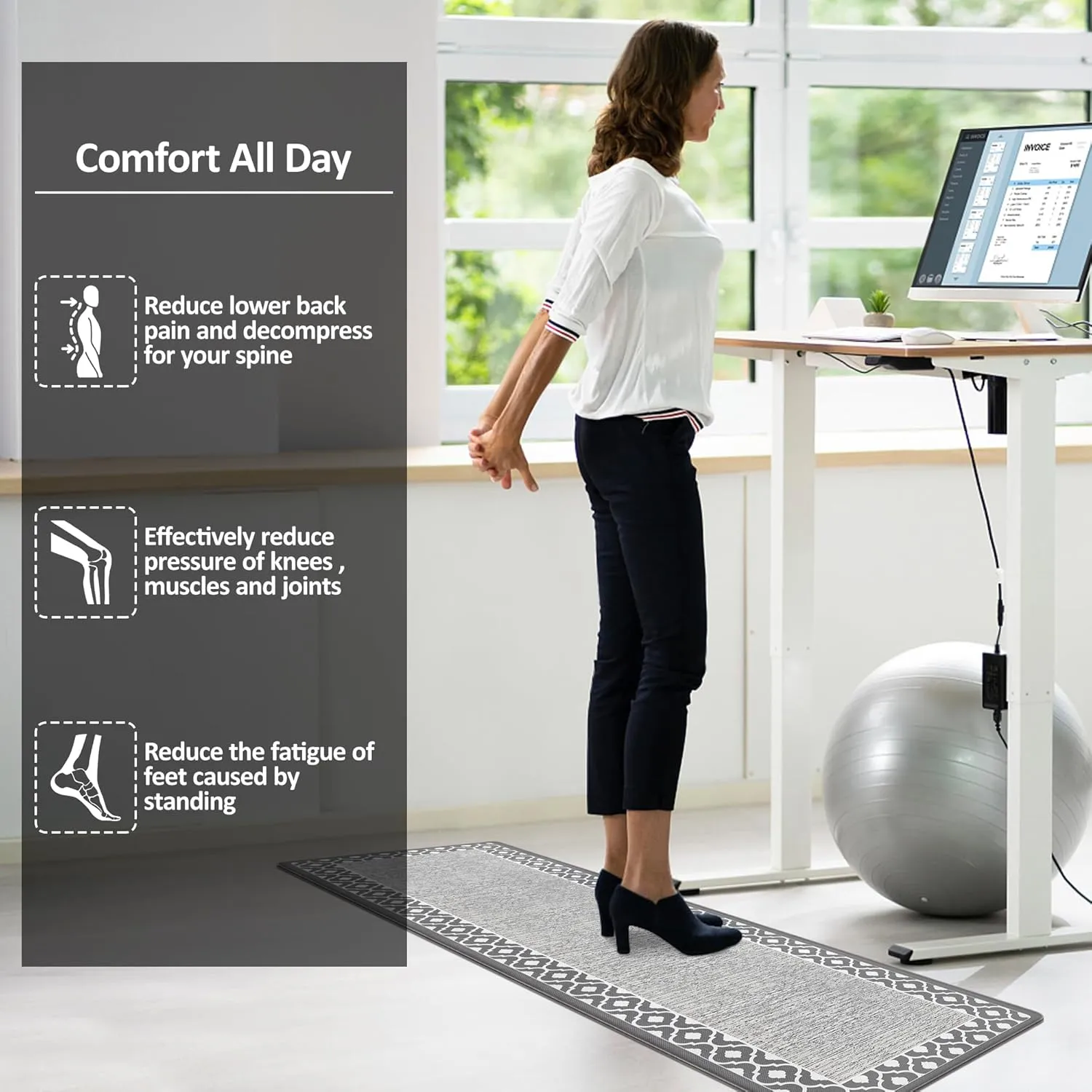 Grey Cushioned Kitchen Mat Anti Fatigue Kitchen Rugs, Heavy Duty Non-Skid, Ergonomic Comfort Foam Kitchen Floor Mat for Home, Office, Sink, Laundry - Gray 17.3"x59"
