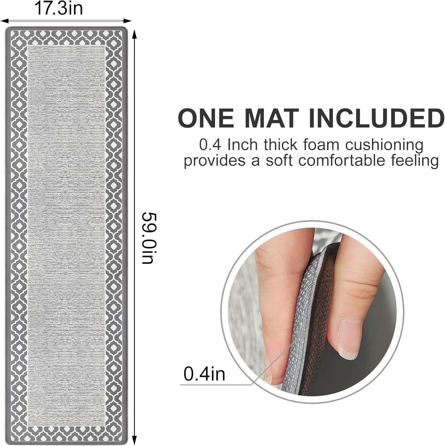 Grey Cushioned Kitchen Mat Anti Fatigue Kitchen Rugs, Heavy Duty Non-Skid, Ergonomic Comfort Foam Kitchen Floor Mat for Home, Office, Sink, Laundry - Gray 17.3"x59"