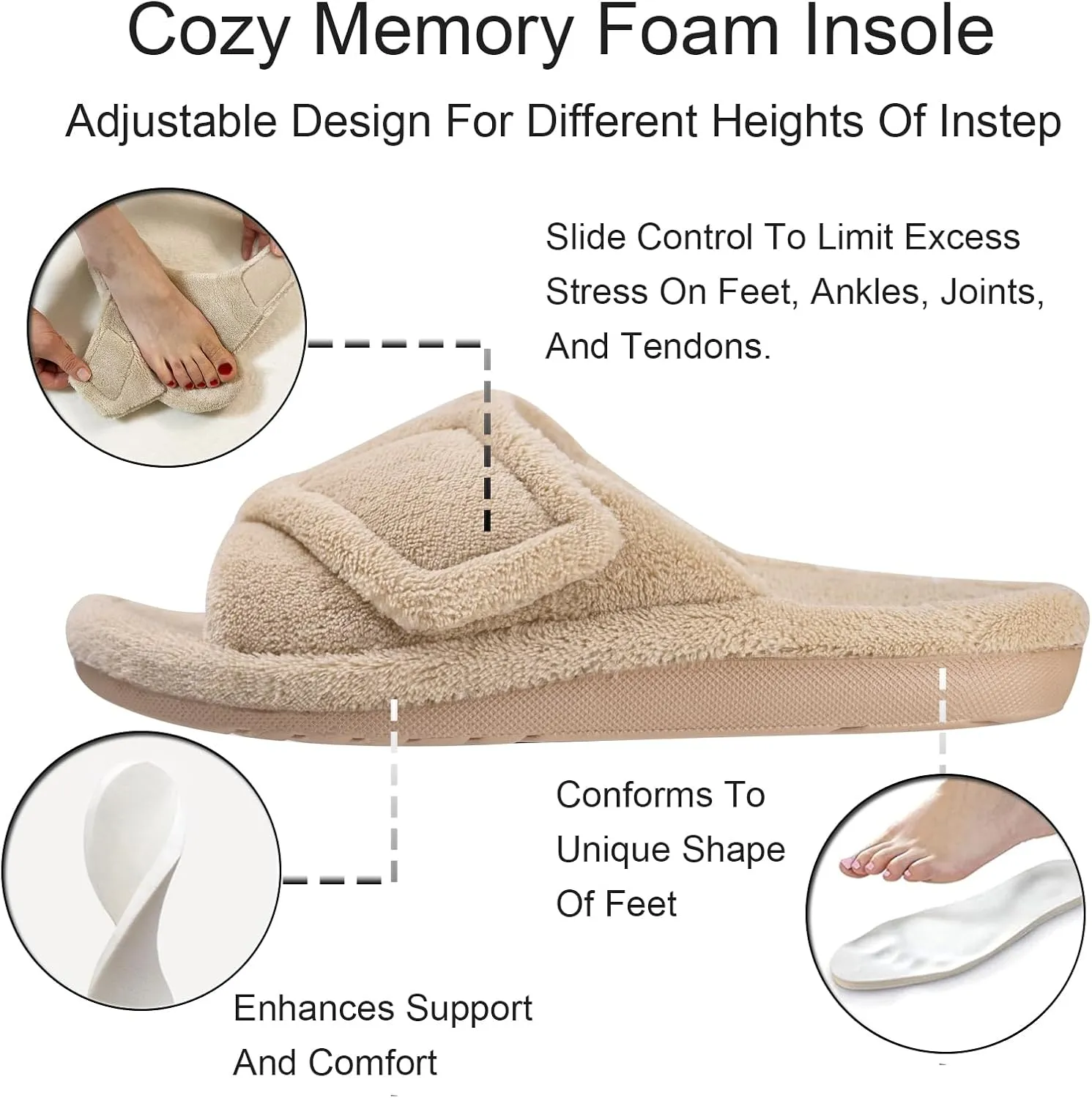 GRITHEIM Women's Orthotic Arch Support Slippers Fuzzy Adjustable Orthopedic Slippers for Plantar Fasciitis Furry Slide for Ladies