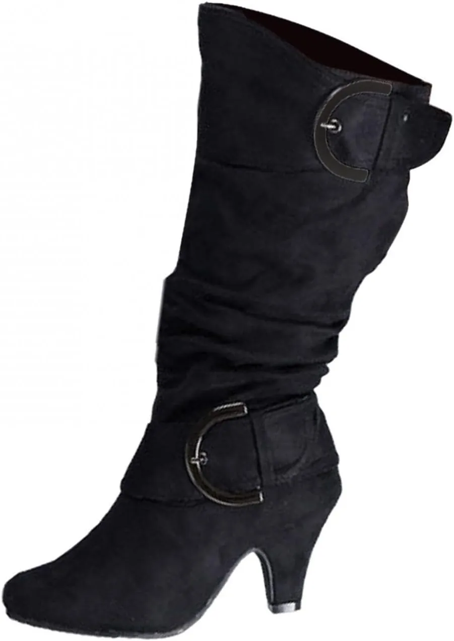 Hbeylia Boots For Women Fashion Slouchy Ruched Leather Round Toe Chunky Mid Heels Mid Calf Riding Boots With Side Zip Stacked Wide Knee High Combat Cowboy Tall Boots Dress Pump Shoes For Wedding