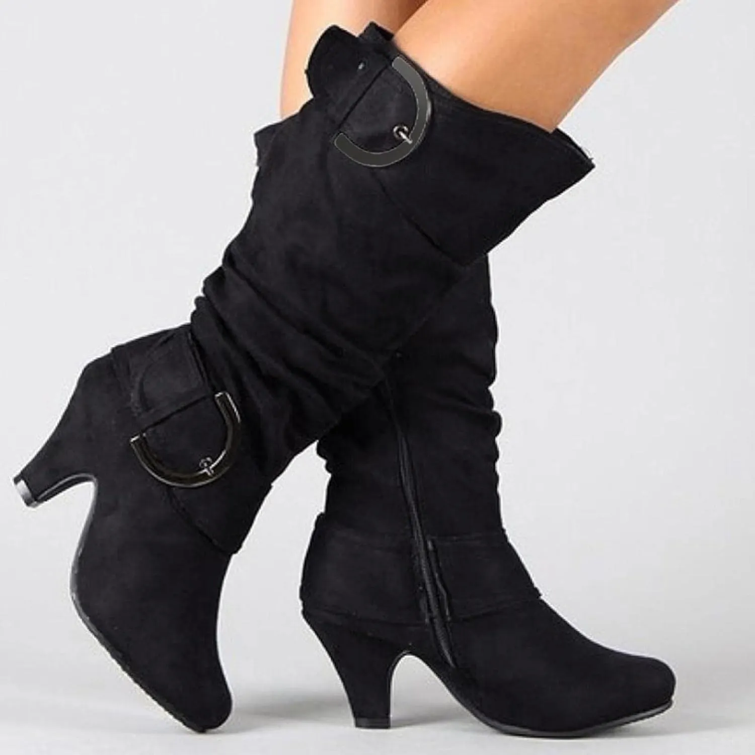 Hbeylia Boots For Women Fashion Slouchy Ruched Leather Round Toe Chunky Mid Heels Mid Calf Riding Boots With Side Zip Stacked Wide Knee High Combat Cowboy Tall Boots Dress Pump Shoes For Wedding