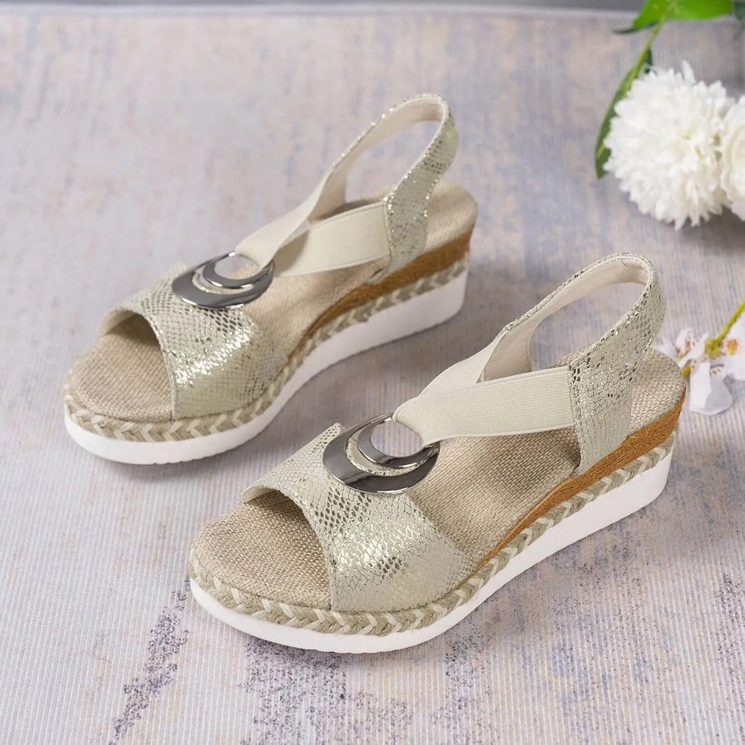 Hbeylia Orthopedic Wedge Sandals for Women Summer Dressy Peep Toe Slip On Hook Loop Strappy Platform Sandals Mid Heel Casual Espadrilles Lightweight Sandals Comfortable Outdoor Beach Shoes