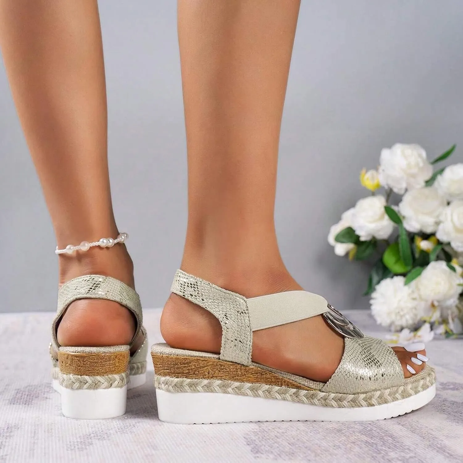 Hbeylia Orthopedic Wedge Sandals for Women Summer Dressy Peep Toe Slip On Hook Loop Strappy Platform Sandals Mid Heel Casual Espadrilles Lightweight Sandals Comfortable Outdoor Beach Shoes