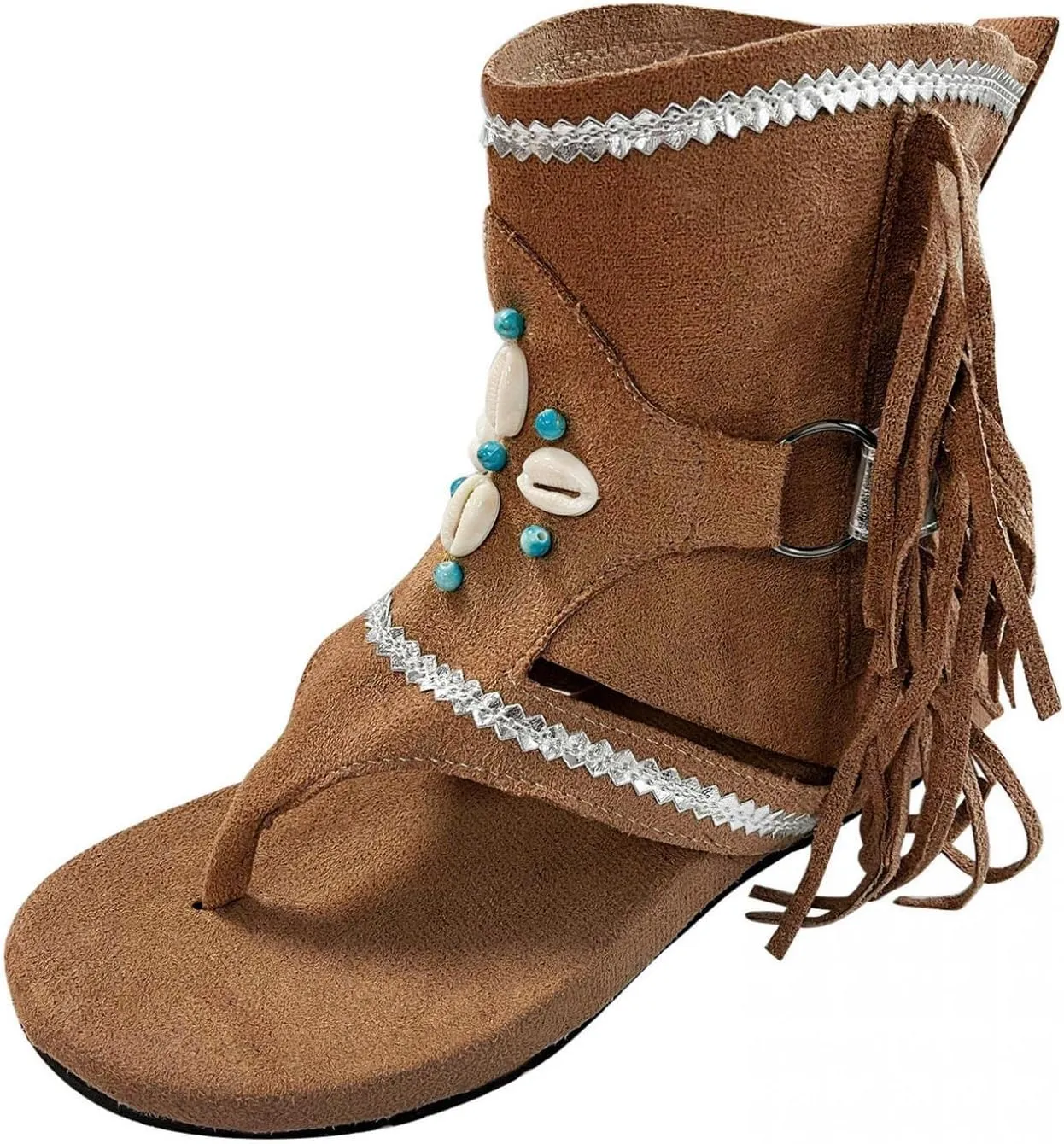 Hbeylia Sandals for Women Roman Retro Bohemian Bead Gladiator Fringe Tassel Casual Sandals Flat Clip Toe Ankle Boots T-Strap Summer Suede Tassel Flip Flop Flat Slippers