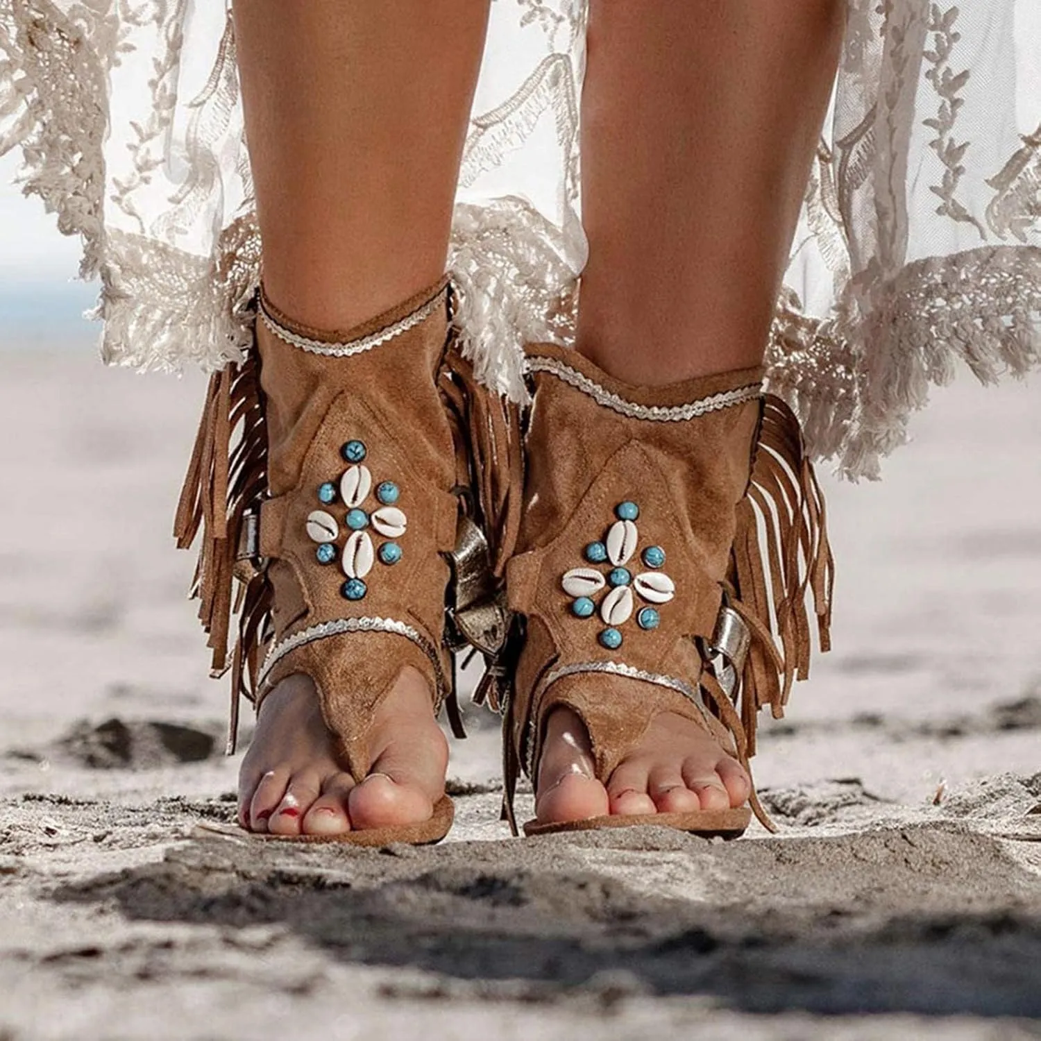 Hbeylia Sandals for Women Roman Retro Bohemian Bead Gladiator Fringe Tassel Casual Sandals Flat Clip Toe Ankle Boots T-Strap Summer Suede Tassel Flip Flop Flat Slippers