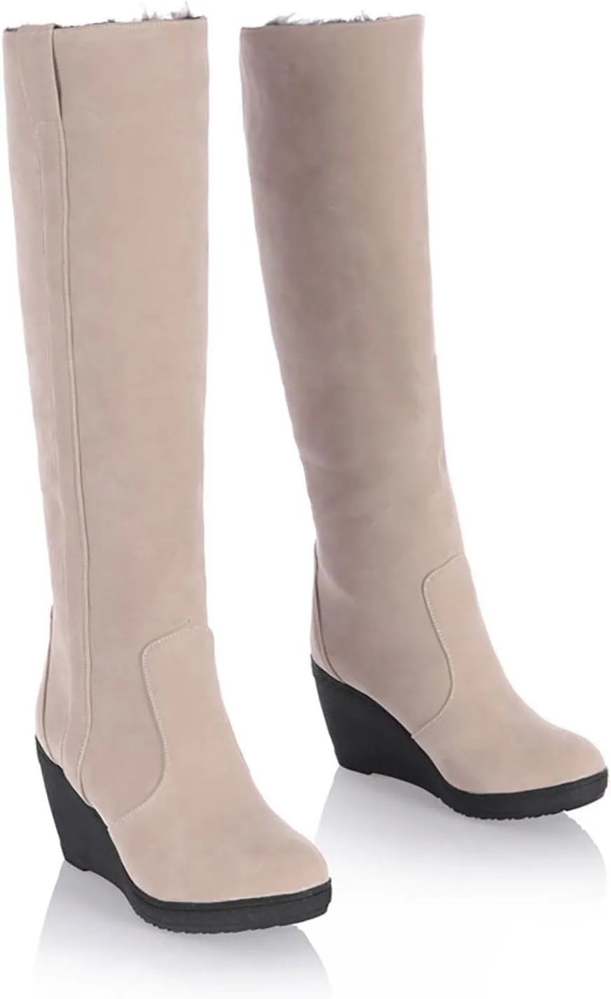 Hbeylia Winter Snow Boots For Women Warm Plush Fur Lined Flip Calf Suede Round Toe Wedge Chunky High Heels Ankle Booties Two-Ways Pullon Thermal Fleece Lining Knee High Boots Dress Tall Boots For Lady