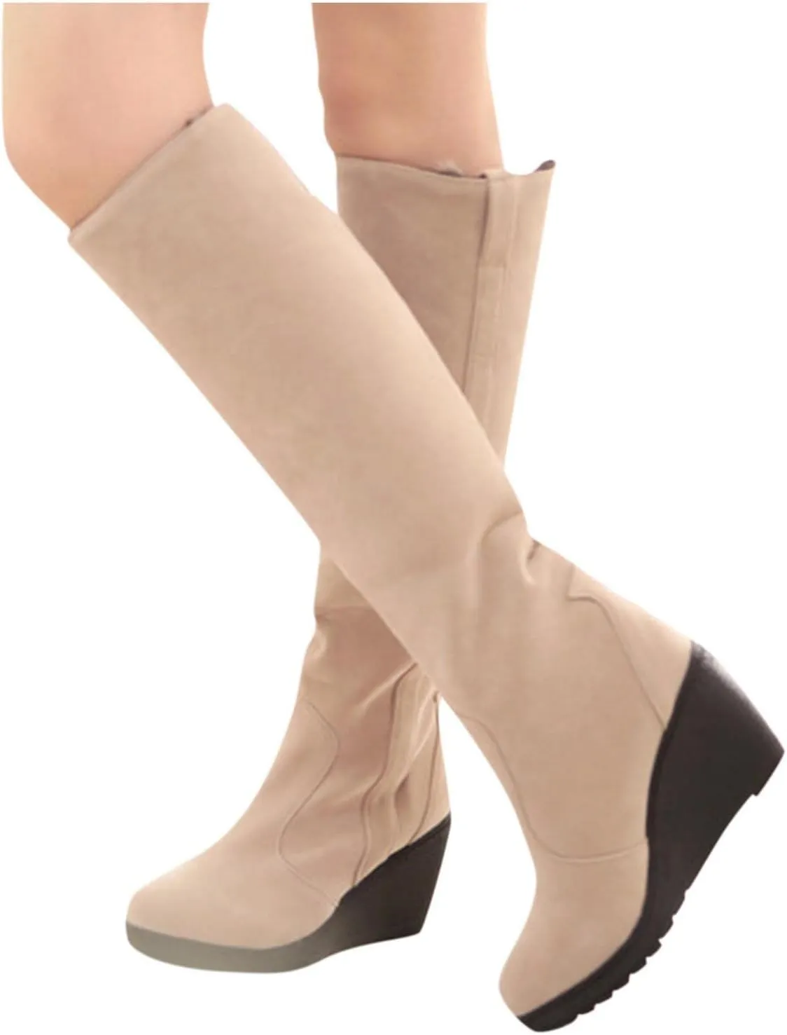 Hbeylia Winter Snow Boots For Women Warm Plush Fur Lined Flip Calf Suede Round Toe Wedge Chunky High Heels Ankle Booties Two-Ways Pullon Thermal Fleece Lining Knee High Boots Dress Tall Boots For Lady