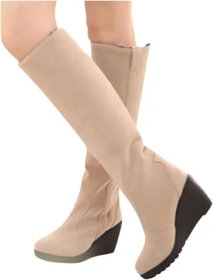 Hbeylia Winter Snow Boots For Women Warm Plush Fur Lined Flip Calf Suede Round Toe Wedge Chunky High Heels Ankle Booties Two-Ways Pullon Thermal Fleece Lining Knee High Boots Dress Tall Boots For Lady