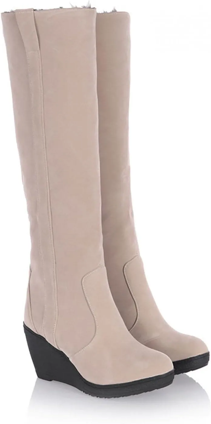 Hbeylia Winter Snow Boots For Women Warm Plush Fur Lined Flip Calf Suede Round Toe Wedge Chunky High Heels Ankle Booties Two-Ways Pullon Thermal Fleece Lining Knee High Boots Dress Tall Boots For Lady