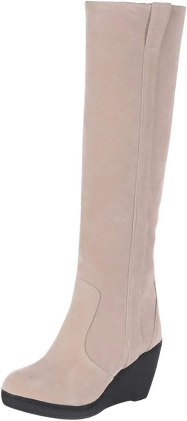 Hbeylia Winter Snow Boots For Women Warm Plush Fur Lined Flip Calf Suede Round Toe Wedge Chunky High Heels Ankle Booties Two-Ways Pullon Thermal Fleece Lining Knee High Boots Dress Tall Boots For Lady