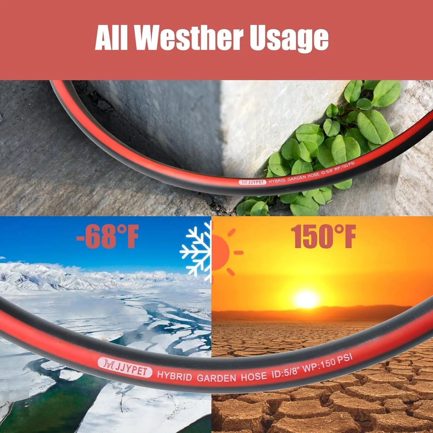 Heavy Duty Water Hose100ft 5/8 Rubber Garden Hose No Kink Flex Hose 3/4 inch 100% Solid Brass Fittings Outdoor Garden Hose for Lawns,Floor,Yard Washing,Gardening,Car Pipe Washing(100FT)