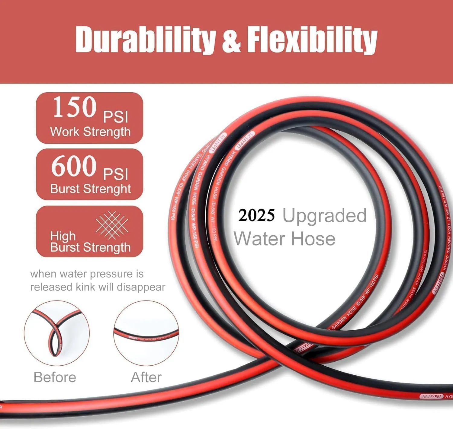 Heavy Duty Water Hose100ft 5/8 Rubber Garden Hose No Kink Flex Hose 3/4 inch 100% Solid Brass Fittings Outdoor Garden Hose for Lawns,Floor,Yard Washing,Gardening,Car Pipe Washing(100FT)