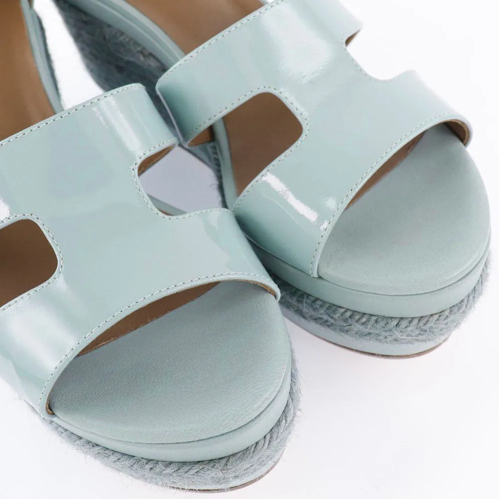 HERMES Sandals Leather, Patent Leather light blue Wedge sole Espadrille Women 37 Used