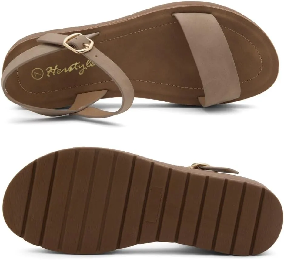 Herstyle MARINNA Women's Flat Sandals, Open Toe Single Band Ankle Strap Buckled Casual Flat Sandals with Cushioned Footbed for Walking and Summer Wear