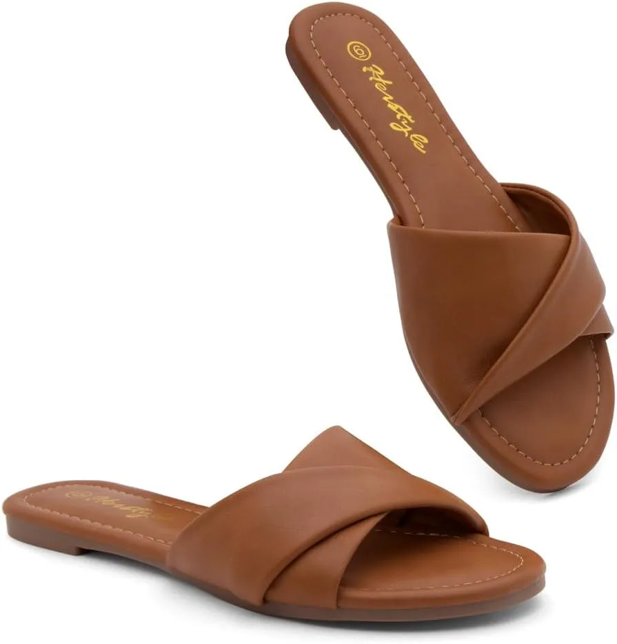 Herstyle MARLENA Women’s Flat Sandals, Fashion Slides Comfortable Casual Sandals with Round Open Toe and Single Band – Dressy Slip-On Slippers for Summer