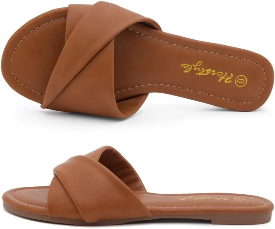 Herstyle MARLENA Women’s Flat Sandals, Fashion Slides Comfortable Casual Sandals with Round Open Toe and Single Band – Dressy Slip-On Slippers for Summer