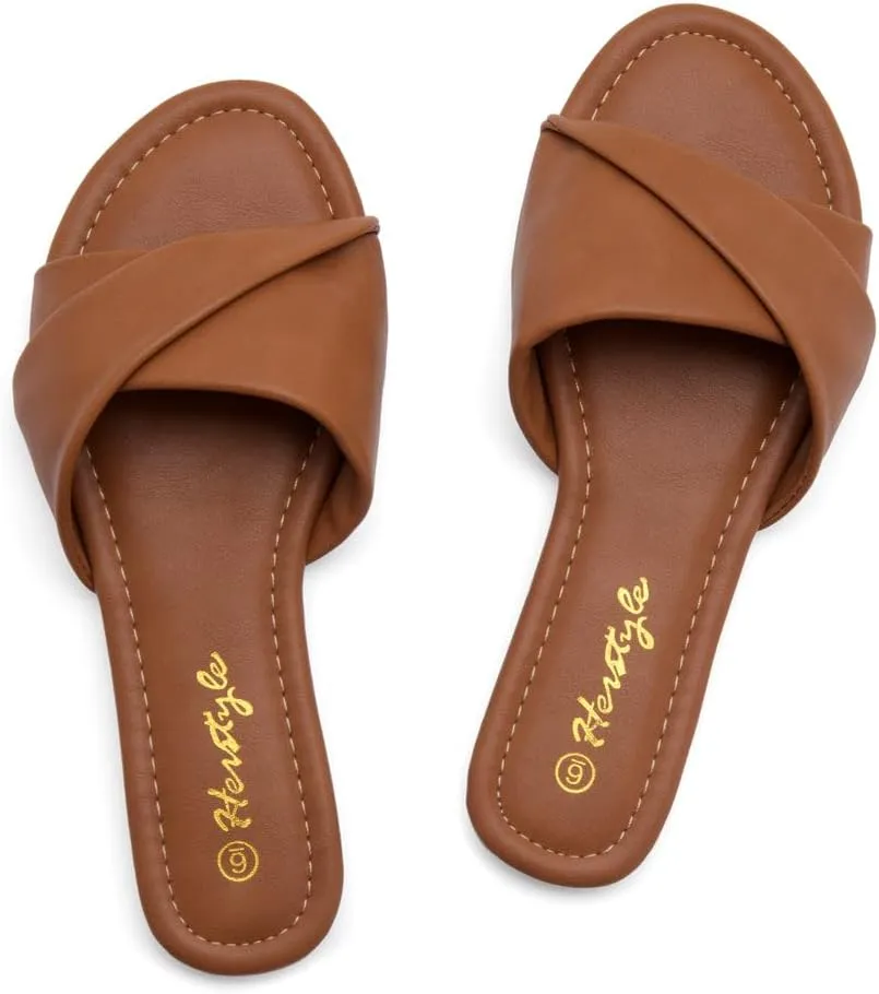 Herstyle MARLENA Women’s Flat Sandals, Fashion Slides Comfortable Casual Sandals with Round Open Toe and Single Band – Dressy Slip-On Slippers for Summer
