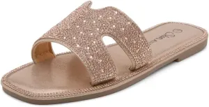 Herstyle Showstopper Women's Flat Sandals, Fashion Rhinestone Slides, Open Toe Slip-On Slippers with Cushioned Footbed, Casual Bling Sandals for Summer and Daily Wear
