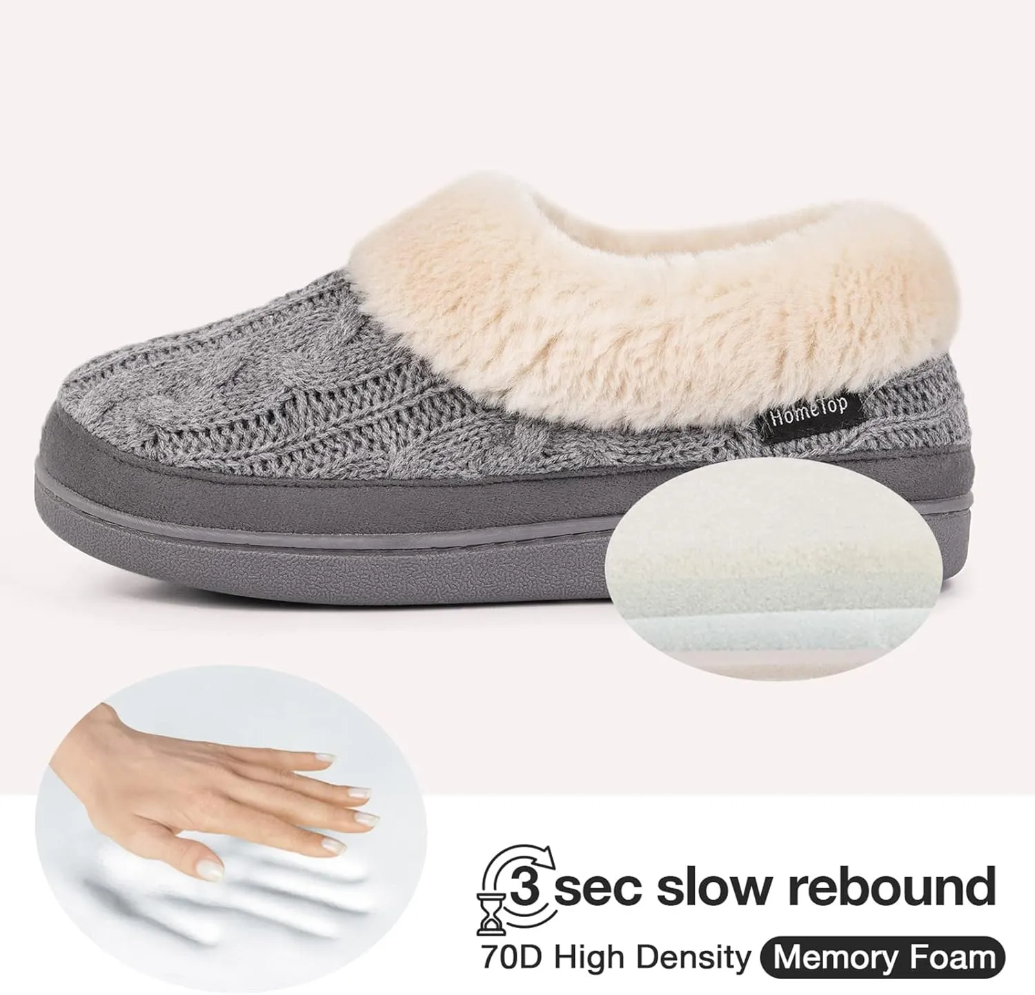 HomeTop Women's Knitted Clog Slippers Comfy Warm Memory Foam Non-slip Indoor House Shoes with Fuzzy Collar