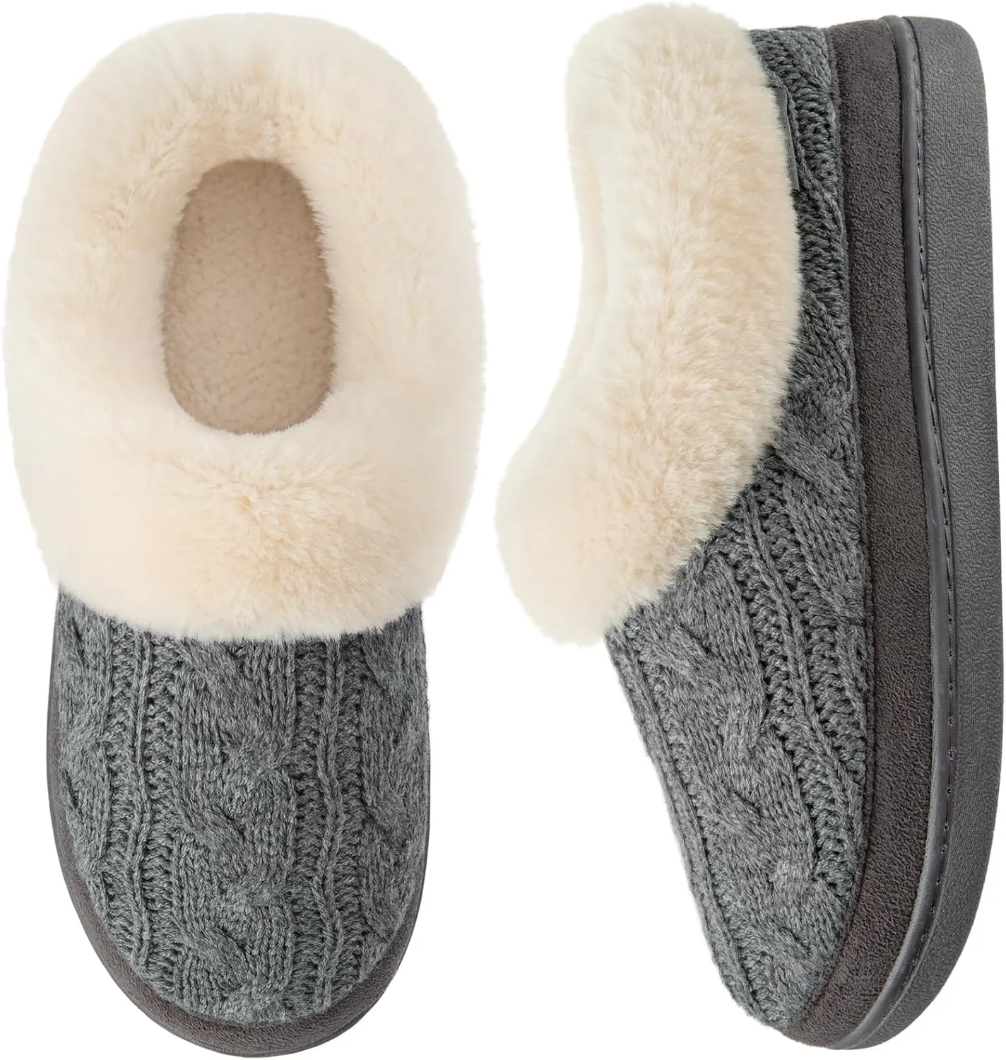 HomeTop Women's Knitted Clog Slippers Comfy Warm Memory Foam Non-slip Indoor House Shoes with Fuzzy Collar