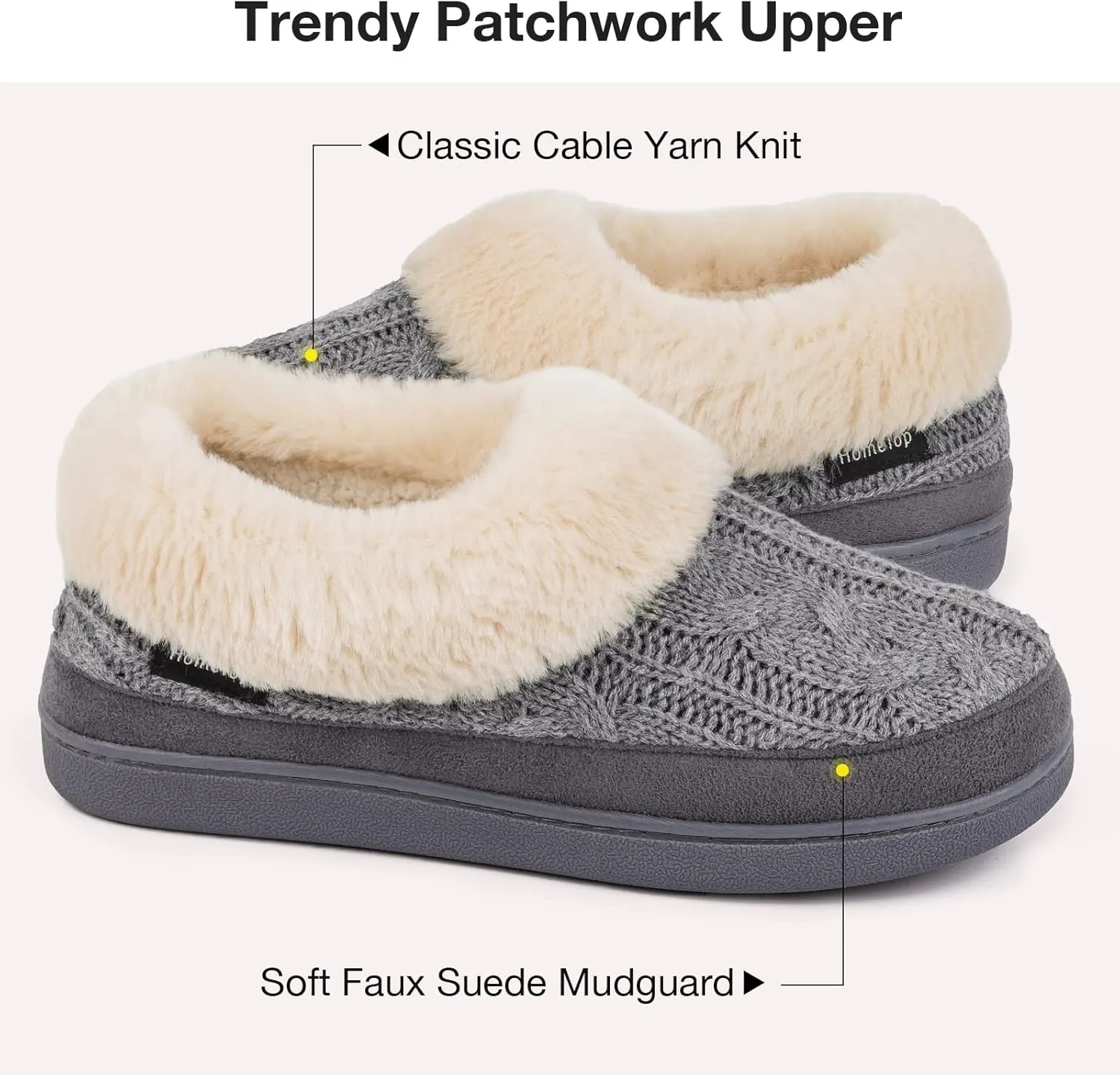HomeTop Women's Knitted Clog Slippers Comfy Warm Memory Foam Non-slip Indoor House Shoes with Fuzzy Collar