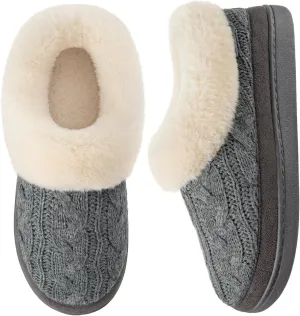 HomeTop Women's Knitted Clog Slippers Comfy Warm Memory Foam Non-slip Indoor House Shoes with Fuzzy Collar