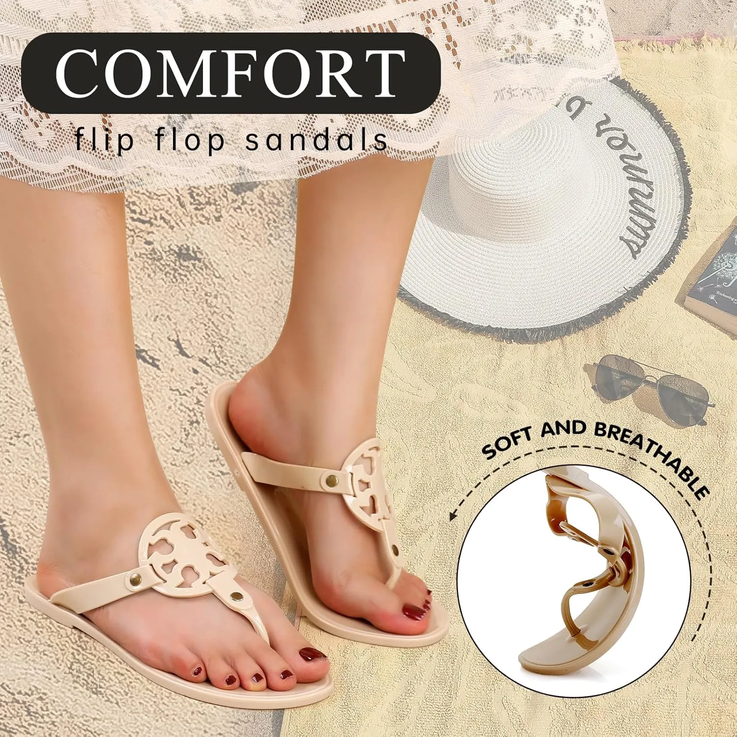 Homtechly Women's Flat Sandals Casual Flip Flop Sandals Dressy Thong Slip on Summer Flat Sandals