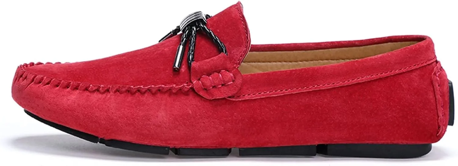 HOOENG Loafer Shoes Driving Moccasins for Men PU Suede Vamp Stitching Details Bow Round Toe Flat Heel Lightweight Resistant Flexible Casual Slip On