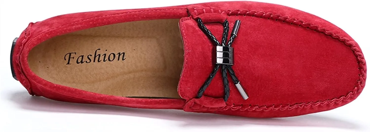 HOOENG Loafer Shoes Driving Moccasins for Men PU Suede Vamp Stitching Details Bow Round Toe Flat Heel Lightweight Resistant Flexible Casual Slip On