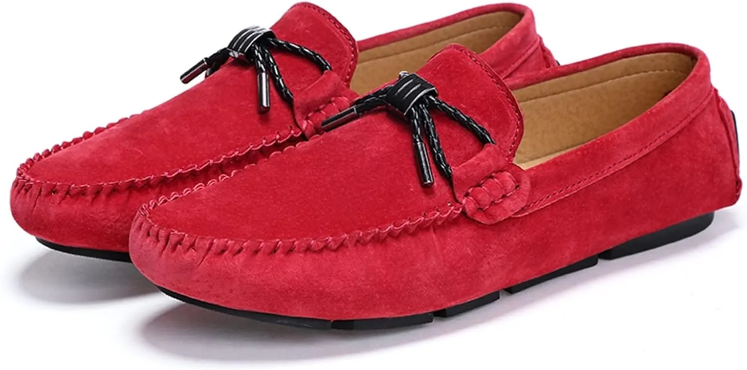 HOOENG Loafer Shoes Driving Moccasins for Men PU Suede Vamp Stitching Details Bow Round Toe Flat Heel Lightweight Resistant Flexible Casual Slip On