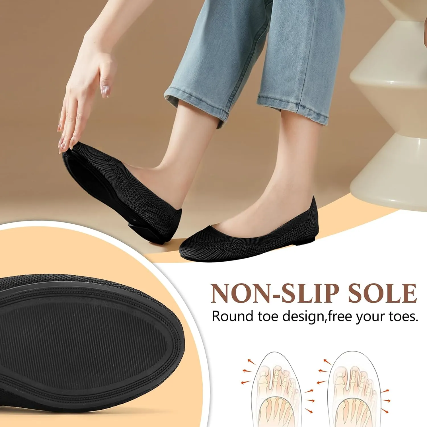 Hsttgsr Women's Ballet Flats Shoes Beige Comfortable Casual Dressy Mesh Shoes Slip On Ballerina Office Walking