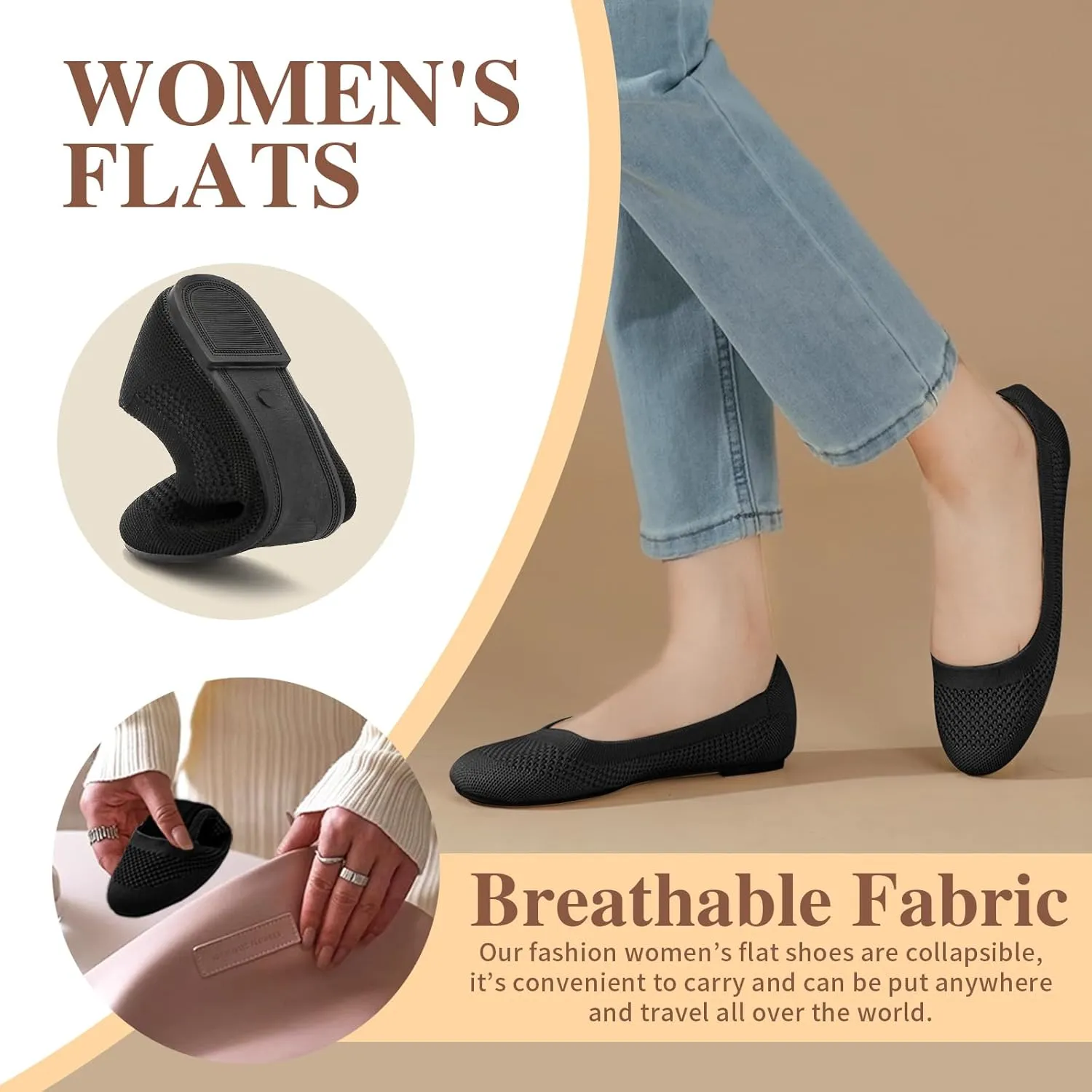 Hsttgsr Women's Ballet Flats Shoes Beige Comfortable Casual Dressy Mesh Shoes Slip On Ballerina Office Walking