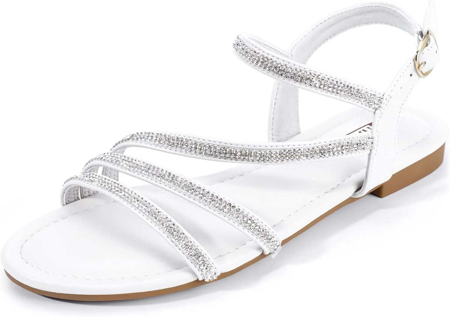 IDIFU Rhinestone Strappy Sandals for Women Dressy Summer Glitter Flat Sandals with Back Strap Open Toe Slingback Ankle Strap Sandals Wedding Bridal Prom Sparkly Bling Comfortable Cute Dress Sandals