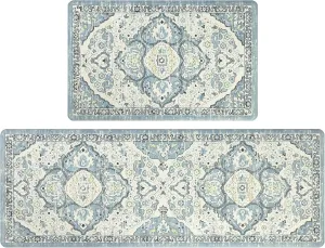 Ileading Kitchen Anti Fatigue Mat Set of 2 Non Skid Waterproof Kitchen Floor Mats Vintage Cushioned Comfort Standing Mat Boho Kitchen Rug Runner for Sink Laundry, 17"x47" 17"x28", Lake Blue